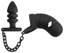 Black Velvets Silicone Intimate Cage Set with Grooved Plug & Chain 11.5cm
