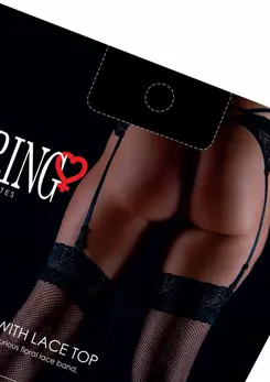 Leg Avenue Net Stockings with Lace Top - Elegant Floral Band, Black