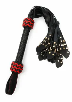 Ouch! Cat-o-Nine Tails Leather Whip with Studded Tails Black/Red