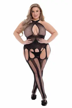 BACI Diamonte Bodystocking Black QS - Sheer Mesh One-Piece Lingerie