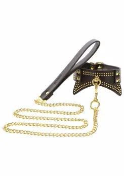 TABOOM Studded Collar and Leash Black/Gold Adjustable Vegan Leather