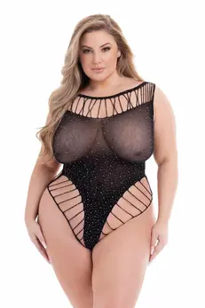 Baci Diamonte Bodysuit Black QS - Sheer High-Cut Glamour Lingerie