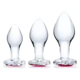 Glas Heart Jewel Glass Plug Set 3 pcs - Graduated Sizes, Red Base Accent