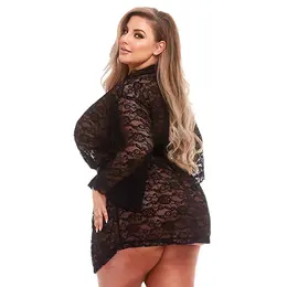 Baci Queen Black Satin & Lace Robe - Elegant Plus Size Design