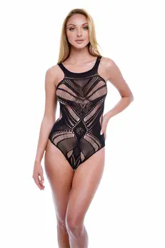 BACI Jacquard Bodysuit Black OS - Elegant Mesh Pattern, High-Cut Design
