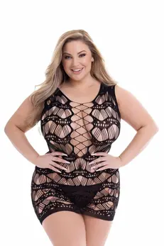 Baci Corset Front Lace Mini Dress Black QS - Sheer Patterned Mesh