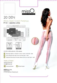 MissO P112 White L/XL Tights with Decorative Heart Seam and Cut-Out