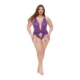 Baci Lingerie Raven Ruffle Bodysuit Purple, Size QS - Elegant Ruffled Design