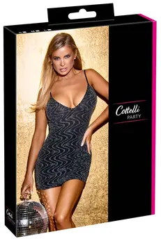 Cottelli PARTY Mini Dress L Black with Silver Zig-Zag Pattern Adjustable Straps