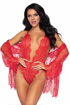 Leg Avenue Set Body & Kimono Eyelash Lace RedAdjustable Straps