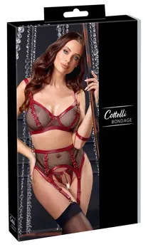 Cottelli BONDAGE Bra Set L - Black & Red Net Matte Look, Adjustable, with Restraints
