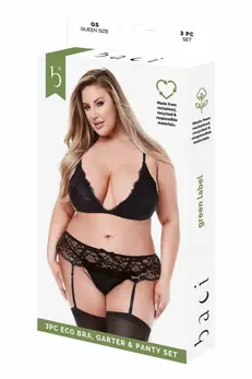 Baci ECO 3-Piece Lingerie Set Black - Bra, Garter & Panty, Queen Size
