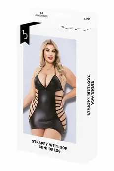 Baci Strappy Wetlook Mini Dress Black - Sleek Polyester Design, Size QS