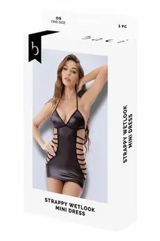 Baci Strappy Wetlook Mini Dress Black OS - Sleek Polyester Design
