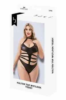 Baci Halter Top Wetlook Teddy Black QS - Sleek Polyester Bodysuit