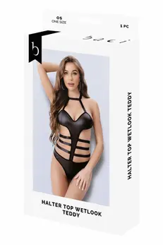 Baci Halter Top Wetlook Teddy Black OS - Sleek Polyester Bodysuit