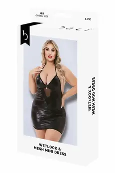 Baci Wetlook & Mesh Mini Dress Black, Model QS - Elegant Contrast Design