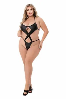 Baci Criss Cross Wetlook Teddy Black, Model QS, Sleek Polyester Design