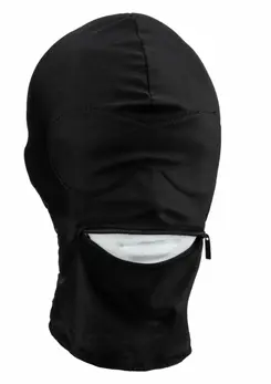 Fetish Hood Sensory Play Mask with Blindfold and Zippered Mouth Black