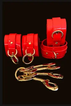 Kinky Diva High Gloss Red Hogtie & Cuffs Set Vegan Leather 23cm