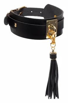 KINKY DIVA Teasing Tassel Collar Black/Gold Adjustable Vegan Leather
