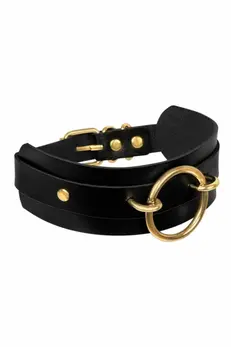 KINKY DIVA O-Ring Front Collar Black/Gold Vegan Leather Adjustable