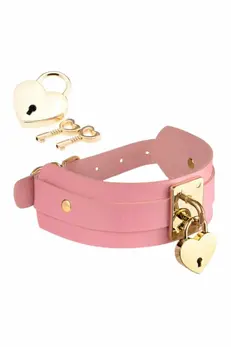 KINKY DIVA Heart Lock & Key Adjustable Collar Pink/Gold Vegan Leather