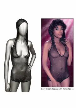 Radiance Hooded Deep V Bodysuit Black Mesh Rhinestone Universal Fit