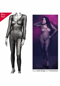Radiance Plus Size Mesh Bodystocking with Rhinestone Accents Black 3X