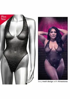 Radiance Deep V Bodysuit Plus Size Mesh Rhinestone 3X Black