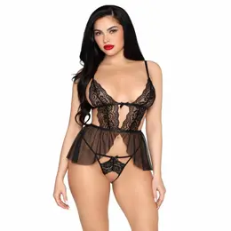 Leg Avenue Babydoll Set with Sheer Mesh & Lace, Black, Adjustable Fit S