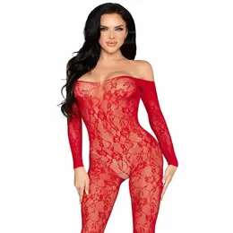 Leg Avenue 89366 Lace Bodystocking Red One Size - Stretch Floral Design