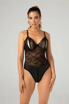 Christine Vesper Wetlook Bodysuit with Lace Accents, Black, S/M