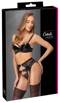 Cottelli LINGERIE Lace & Vinyl Suspender Bra Set Black 85B/L