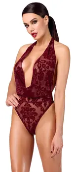 Noir Handmade Kink Royal Bodysuit Red S - Velvet Flock Print, Halterneck