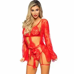 Leg Avenue 86123 Lace Teddy & Sheer Robe Set Red Size S