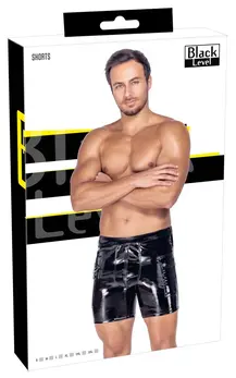 Black Level Men's Vinyl Shorts L - Shiny Black, Padded Zip, Side Pockets