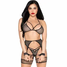 Leg Avenue 89362 Mesh Top, Thong, Garter Belt & Cuffs Set Black One Size