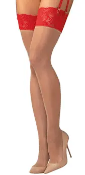 Obsessive Matildea Stockings L/XL Red Lace Band - Velvety Nude Finish