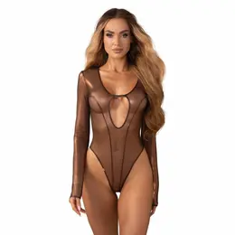 Obsessive Soranna Brown Bodysuit with Long Sleeves and Open Design S/M