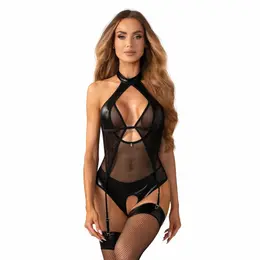 Obsessive Dominna Black Bodysuit with Adjustable Choker and Garter Straps L/XL