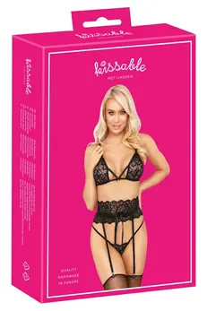 Kissable Lace Lingerie Set with Suspender Belt Black S/M