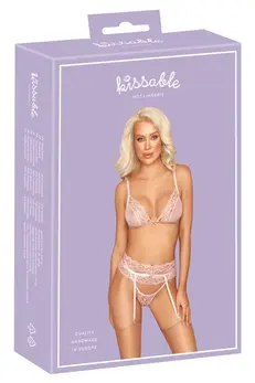 Kissable L/XL Rose Lace Bra & Suspender Belt Set - Adjustable Comfort