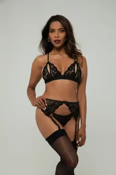 Christine Axelle 3-Piece Lingerie Set Black - Lace & Open Detail Design S-M