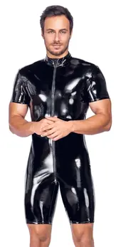 Black Level Men's Vinyl Short Playsuit 3XL - Shiny Club Style, 3-Way Zip