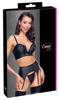 Cottelli PARTY Matte Black Rhinestone Zip Top & Suspender Set S