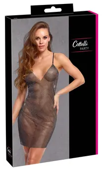 Cottelli PARTY Mini Dress S/M - Black Mesh with Colorful Rhinestones