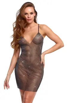 Cottelli PARTY Mini Dress S/M - Black Mesh with Colorful Rhinestones