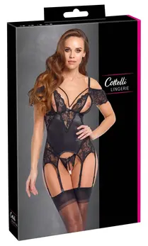 Cottelli LINGERIE Basque Pearls XL - Black Satin & Lace Set with Pearls