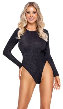 Cottelli PARTY Silver Glitter Long-Sleeve Bodysuit S, High Leg Cut